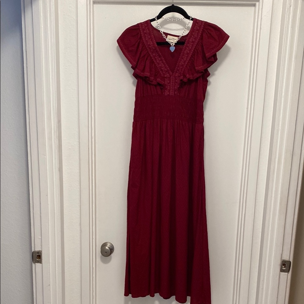 Dress Ruffled Embroidered Long Red Pretty